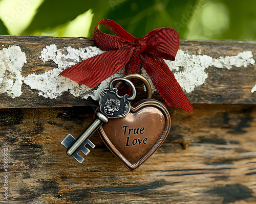 Antique key and heart shaped locket with True Love inscription, tied with red ribbon