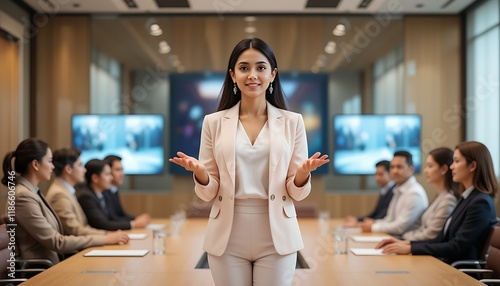 Confident Young Sri Lankan Businesswoman Presenting in Modern Boardroom Generative AI