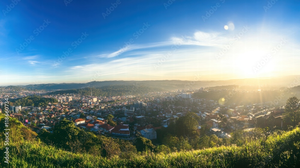 Fototapeta premium Golden Hour Cityscape: Panoramic view of a city bathed in the warm glow of the setting sun, nestled amidst lush green hills. A breathtaking vista of urban sprawl meeting nature's beauty. 
