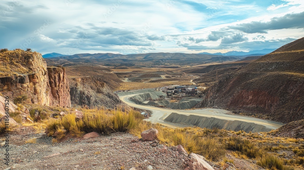 Obraz premium Vast Landscape of an Abandoned Silver Mine Surrounded by Mountains and Open Sky Under a Dramatic Cloudscape
