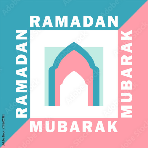 Eid Mubarak trendy geometric poster, Islamic square greeting card with a Mosque arch silhouette in pastel teal, pink, white colors on abstract background with Ramadan Kareem text and bold modern shape