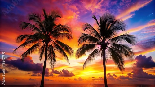 Silhouette of Two Palm Trees at Sunset, Vibrant Tropical Sky