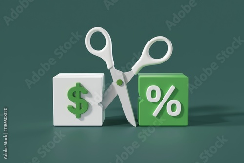 Scissors cutting through a dollar sign and percentage symbol, symbolizing financial cuts or changes in interest rates.
