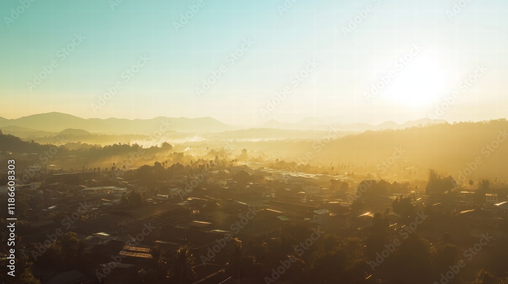 Naklejka premium Golden Hour Over the Valley: A breathtaking aerial panorama captures the golden glow of sunrise over a picturesque valley, showcasing the tranquil beauty of nature in the early morning light. 