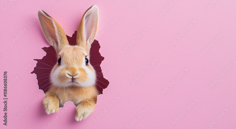 Obraz premium Cute Easter bunny peeking through a hole in paper against a pink background with copy space