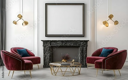 Luxurious living room interior design, fireplace, armchairs, elegant decor.  Perfect for home decor websites photo