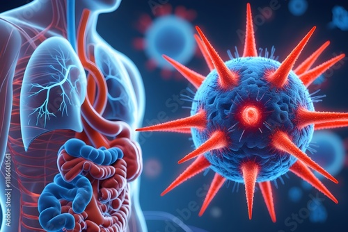 Human metapneumovirus HMPV, with blueprint of lungs and virus in the background. a respiratory virus causing flu photo