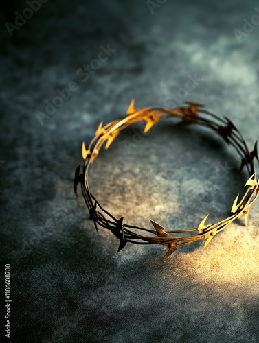 A symbolic barbed wire crown placed on a textured surface, illuminated with soft golden light, evoking a sense of struggle and resilience