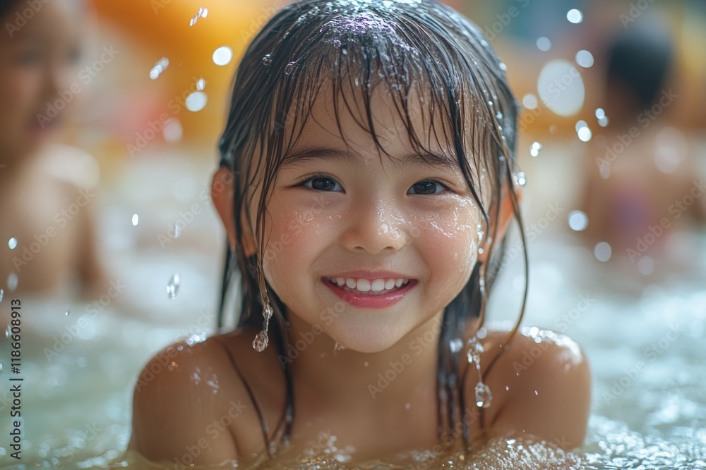 A happy child playing with waves and having fun in the water