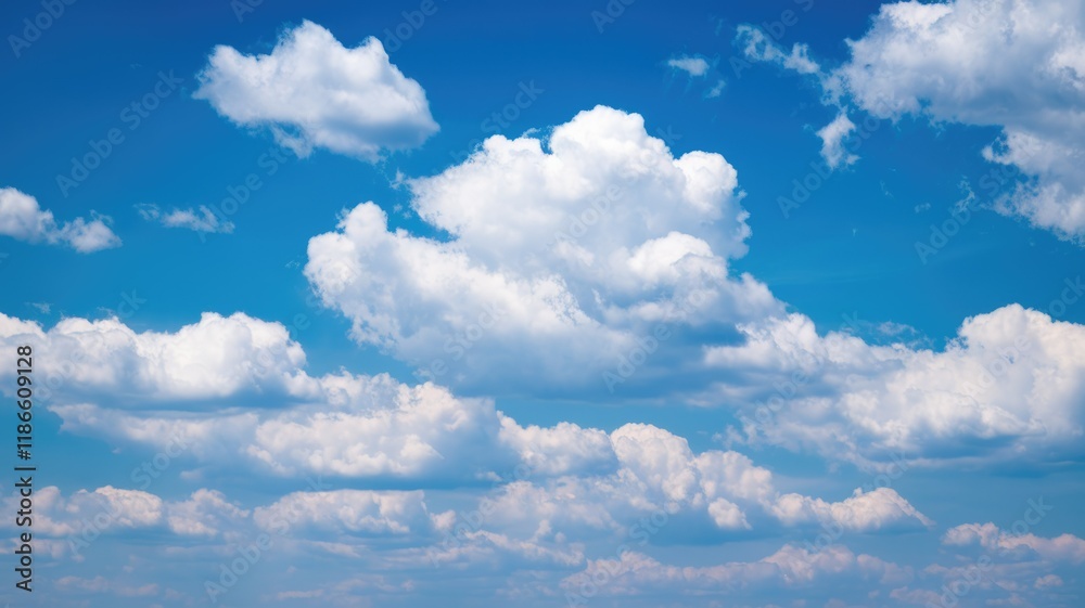 A vibrant blue sky adorned with fluffy cumulus clouds, a picturesque summer day. A vibrant blue sky adorned with fluffy cumulus clouds, a picturesque summer day.