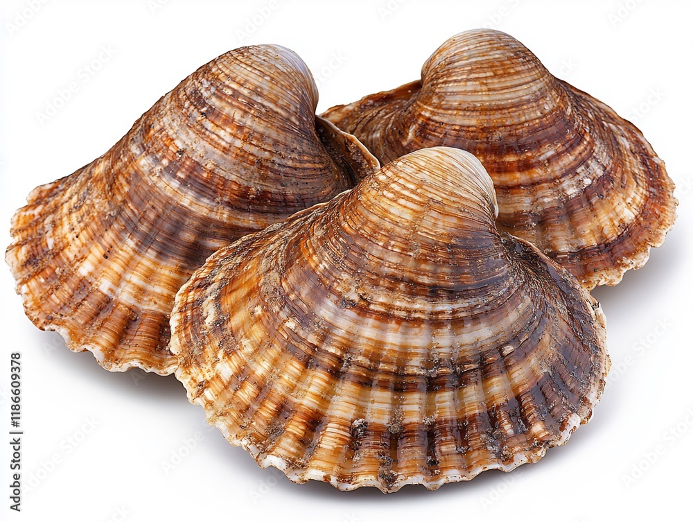 Three Brown Scallops on White Background Three Brown Scallops on White Background