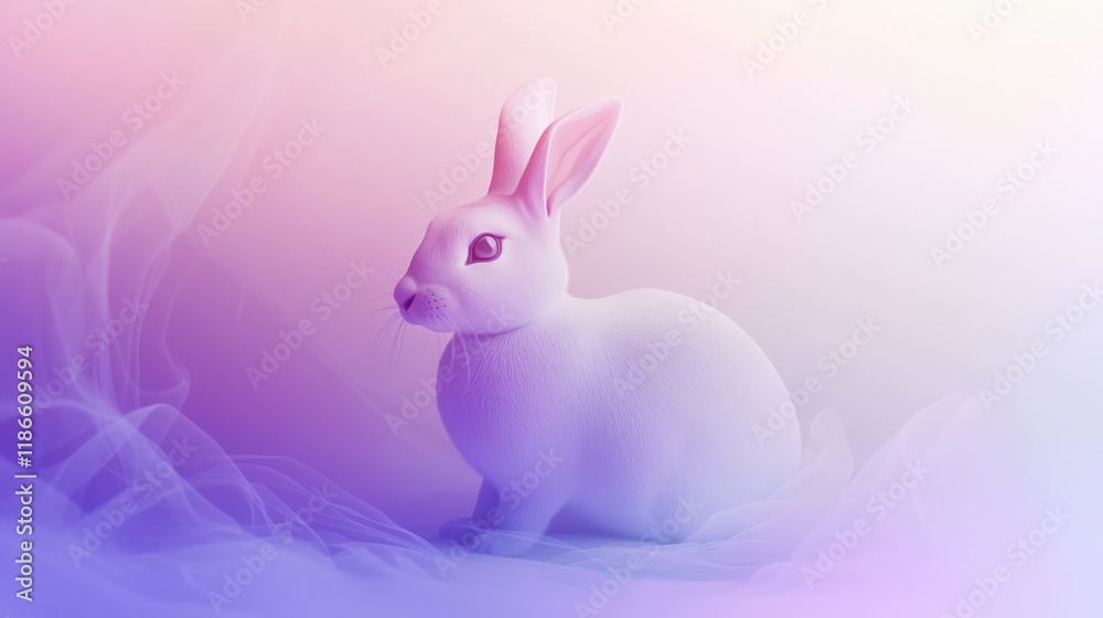 Obraz premium White background, a white rabbit, soft pink and purple gradient, blurred, dreamy effect, Easter card