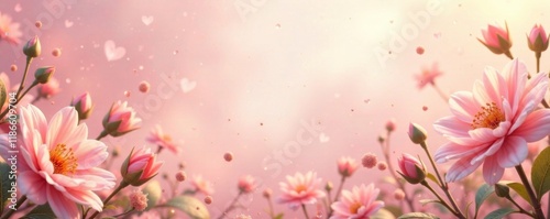 Soft peach hues surround delicate flowers and leaves in a whimsical, dreamy scene, flowers, watercolor