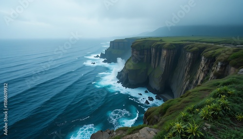 Dramatic Coastal Cliff with Crashing Waves and Lush Greenery Generative AI