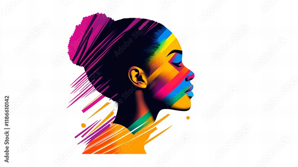 Fototapeta premium Vibrant portrait of a young Black woman, her face adorned with colorful, dynamic brushstrokes.