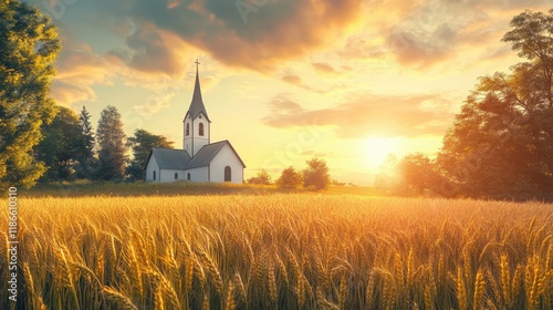 Fototapeta Naklejka Na Ścianę i Meble -  Serene rural landscape at sunset featuring a golden wheat field and a charming church under a colorful sky with soft clouds.