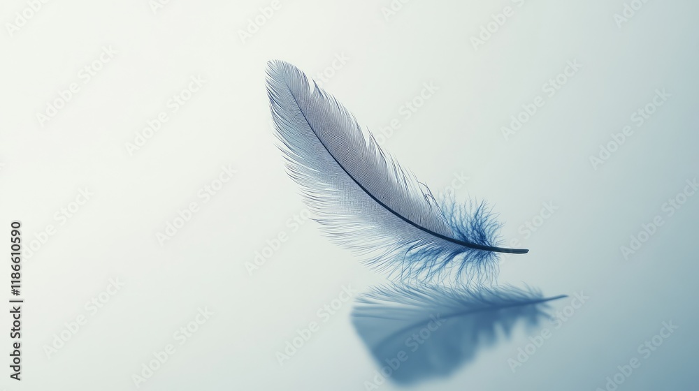 Obraz premium Blue feather gracefully floating on a soft white background casting a gentle shadow creating a serene and tranquil aesthetic.