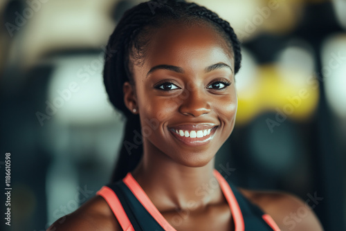 Young black diverse fit fitness trainer against gym background, smiling portrait. Weight loss and healthy lifestyle concept. Free Download Young black diverse fit fitness trainer against gym background, smiling portrait. Weight loss and healthy lifestyle concept. - GFXLoad