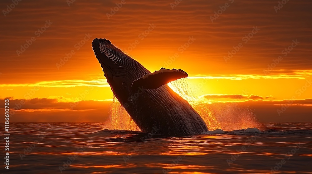 Fototapeta premium Whale breaching at sunset ocean scene nature photography serene view