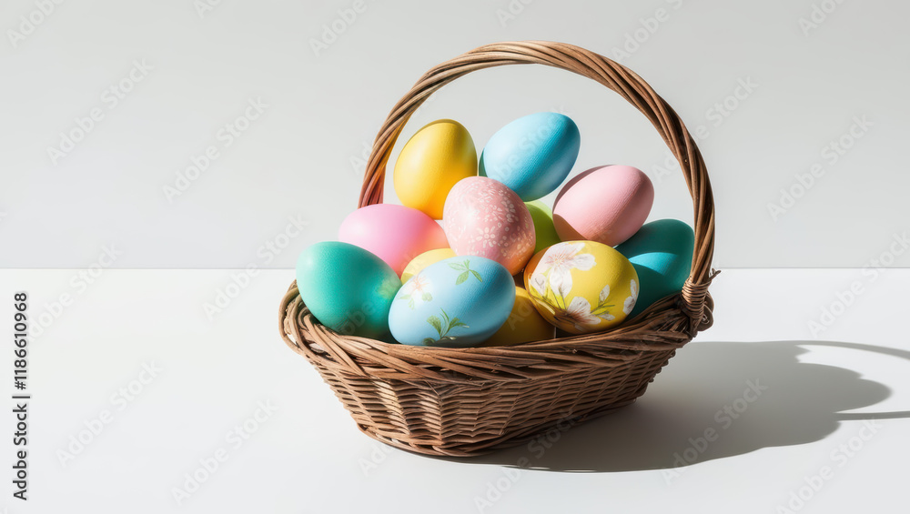 wicker basket filled with colorful Easter eggs, including pastel and floral designs, placed on white Background with soft lighting wicker basket filled with colorful Easter eggs, including pastel and floral designs, placed on white Background with soft lighting
