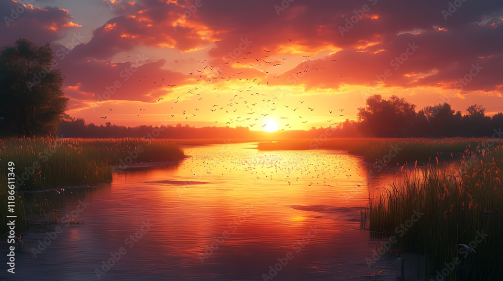 Fototapeta premium Vibrant sunset over calm river, birds in flight, lush vegetation.