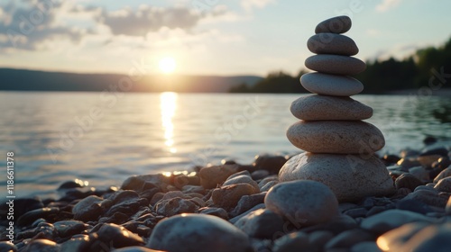 Serene Sunset Stones: A carefully balanced stack of smooth stones stands on a rocky lakeshore as the sun sets, creating a tranquil and meditative scene. 