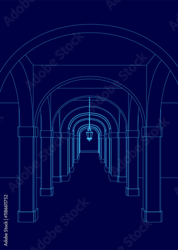 Blue drawing of a long hallway with a light hanging from the ceiling. The hallway is empty and the light is the only source of illumination