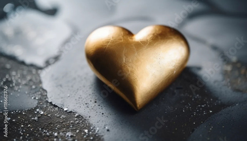 Golden herat-shaped stone on concrete surface.