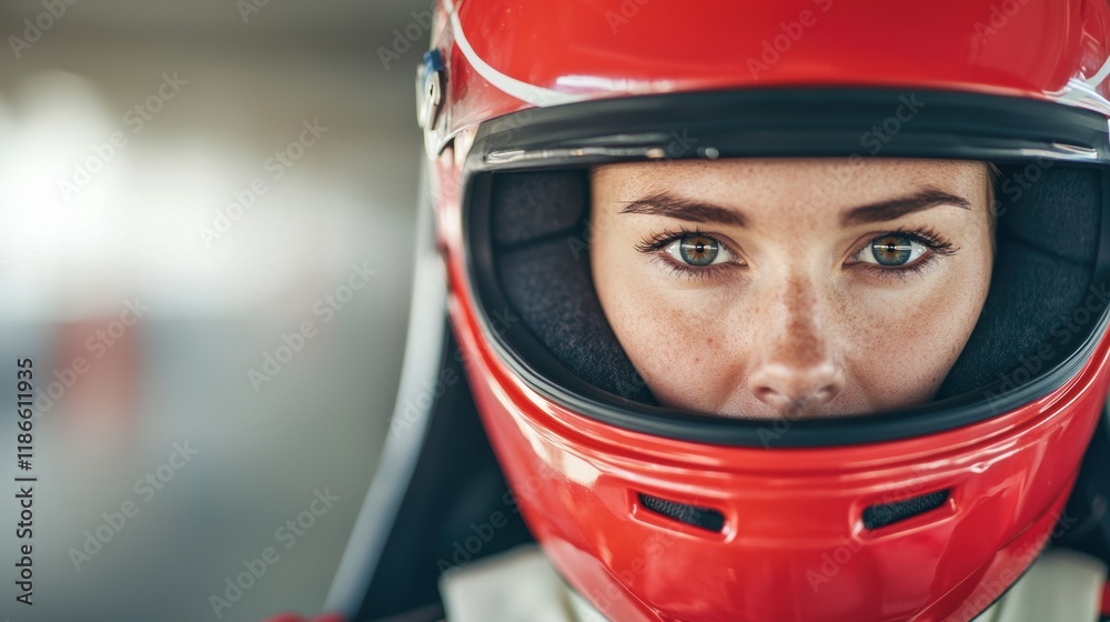 Intense Female Race Car Driver in Red Racing Helmet Close-Up Intense Female Race Car Driver in Red Racing Helmet Close-Up
