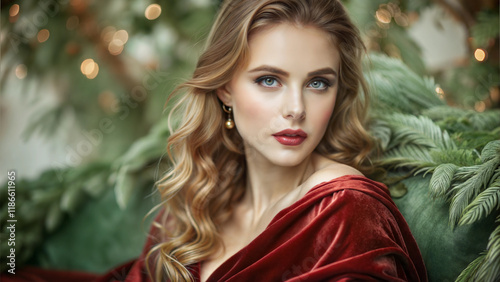 Gorgeous young woman in luxurious red velvet attire posing softly against a festive backdrop
