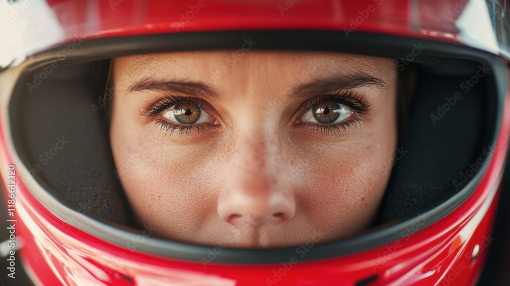 Determined Female Racer with Intense Gaze in Red Racing Helmet Determined Female Racer with Intense Gaze in Red Racing Helmet