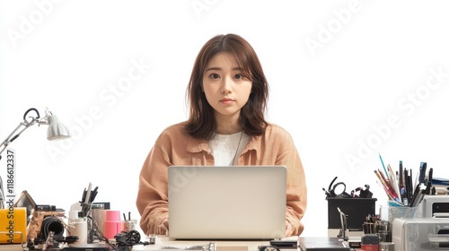 Young Woman Working on Laptop at Desk