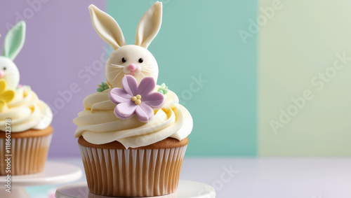 Adorable bunny themed cupcake with creamy frosting, pastel flower decoration, and soft pastel background, perfect for Easter celebrations or springtime joy photo