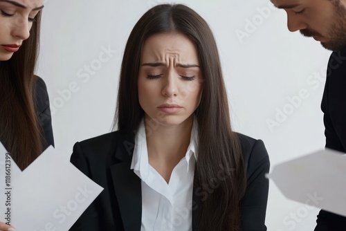 Group of professionals examining documents and discussing strategy photo