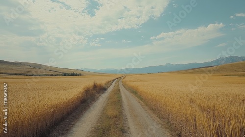 Serene rural road winding through golden wheat fields under a clear blue sky with distant mountains on the horizon photo