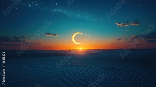 Crescent moon rising over desert dunes at sunset, starry night.