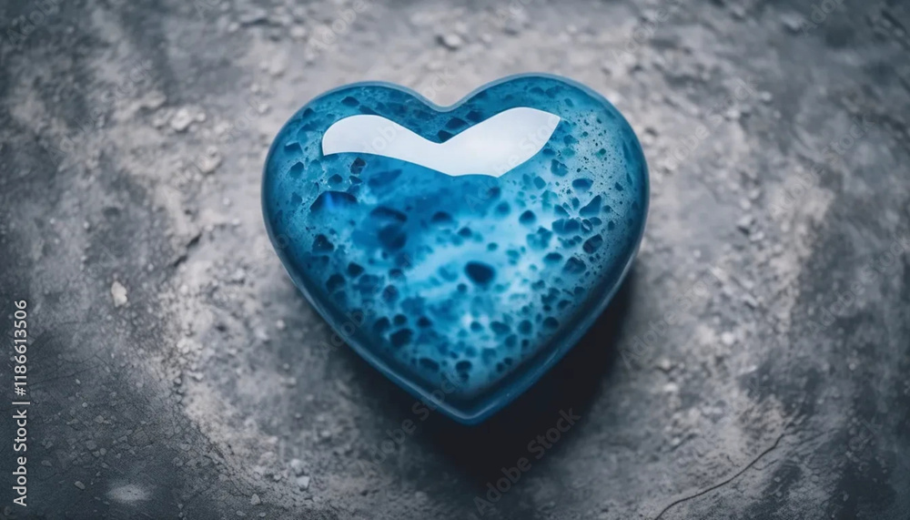Obraz premium Blue heart-shaped stone on concrete surface.