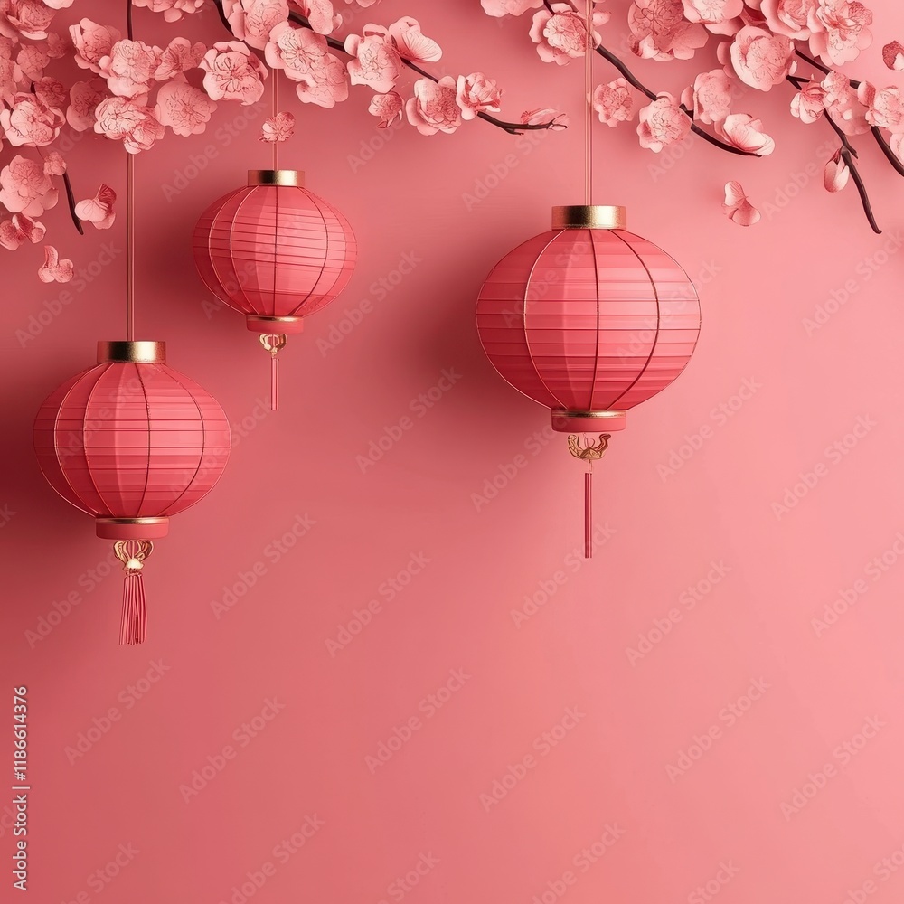 Pink Lanterns Hanging Against Blossom Branches Background Pink Lanterns Hanging Against Blossom Branches Background