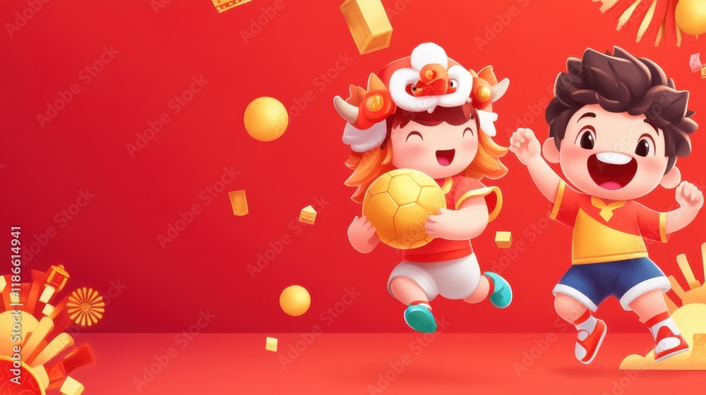 Children playing joyfully celebrating Chinese New Year Children playing joyfully celebrating Chinese New Year