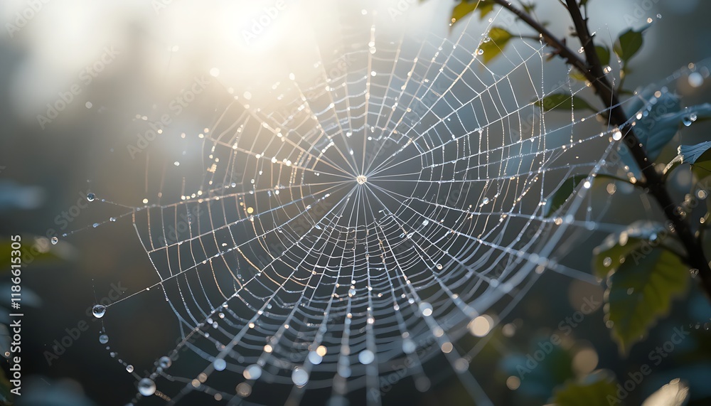 Naklejka premium Delicate Spider Web Covered in Morning Dew with Blurred Natural Background Generative AI