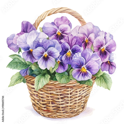 A watercolor illustration of a Viola bouquet in a basket, isolated on a white background. Viola bouquet vector.
