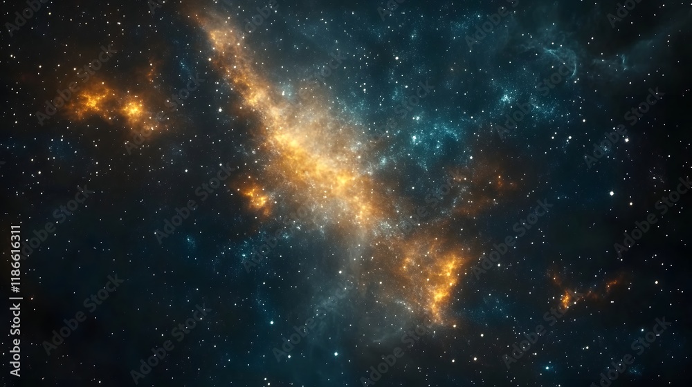 Naklejka premium Golden nebula glowing in the deep universe