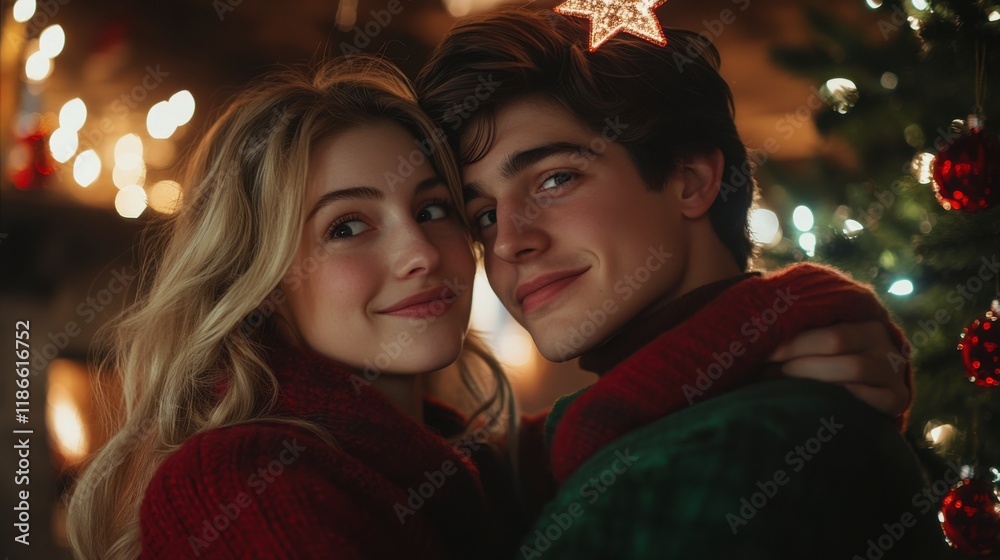 Winter Wonderland Romance: A young couple shares a tender moment, their eyes sparkling with love and joy. Winter Wonderland Romance: A young couple shares a tender moment, their eyes sparkling with love and joy.