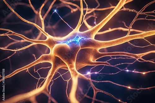 Close-up of a neuron and synapse with glowing neural connections and electrical impulses. 