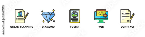 Marketing mix banner web icon vector illustration concept with icon of urban planning, diamond, poster, web, and contract