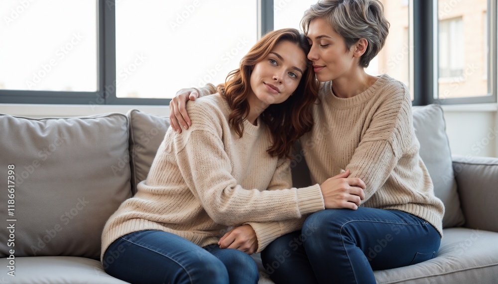 Affectionate Women Sharing Intimate Moment on Comfortable Gray Couch Affectionate Women Sharing Intimate Moment on Comfortable Gray Couch