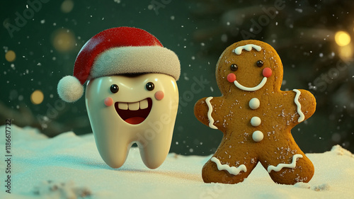 Festive Cartoon Tooth and Gingerbread Man in Snowy Winter Scene