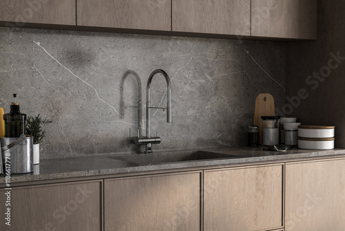 Modern kitchen detail with a sleek faucet, stone backsplash, and wooden cabinetry, styled with minimal decor elements. 3D rendering.