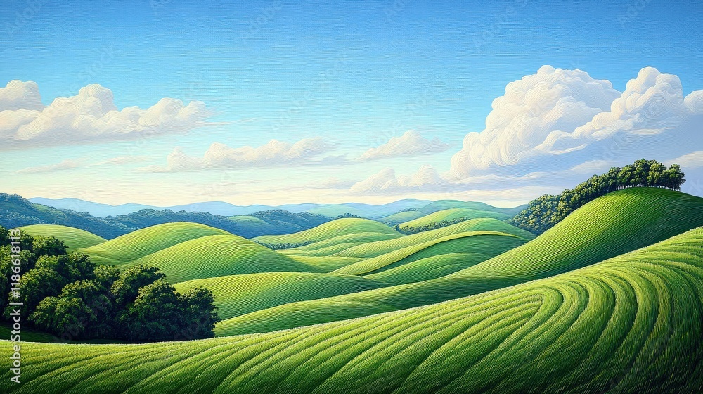 Fototapeta premium A serene countryside scenery with lush green fields, gentle hills, and a clear blue sky, evoking calm and tranquility.