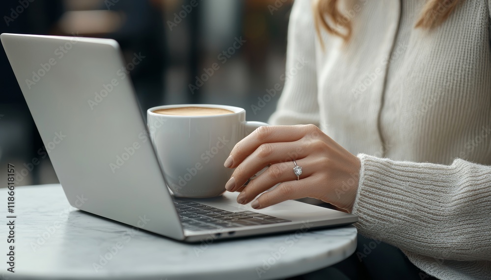 Naklejka premium Woman using laptop and drinking coffee at cafe.
